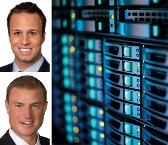 JLL's Andy Cvengros and Andrew Batson, and a close-up of computer servers.