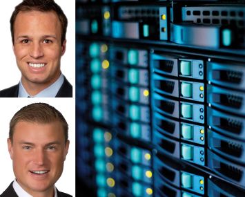 JLL's Andy Cvengros and Andrew Batson, and a close-up of computer servers.