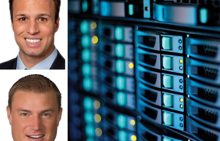 JLL's Andy Cvengros and Andrew Batson, and a close-up of computer servers.
