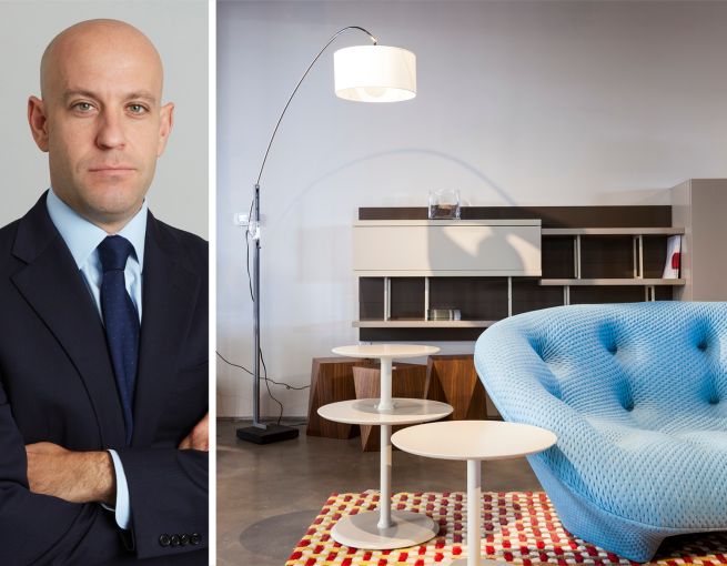 Newmark's Ariel Schuster and a Ligne Roset showroom.