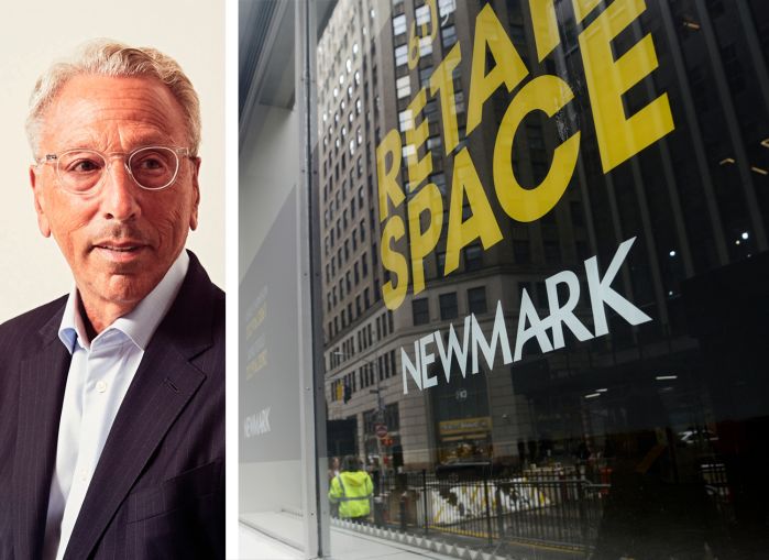 Newmark CEO Barry Gosin and a Newmark sign advertising retail space in an available property.