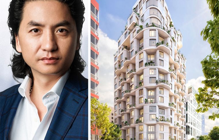 New Empire Corp. CEO Bentley Zhao and a rendering of 24-01 Queens Plaza North.