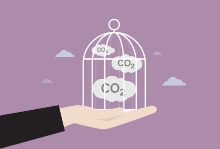 An illustration of a hand holding a birdcage with clouds labeled "CO2" inside it.