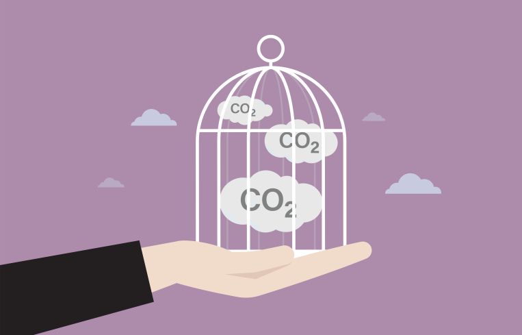 An illustration of a hand holding a birdcage with clouds labeled "CO2" inside it.