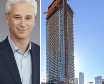 Wells Fargo CEO and President Charles Scharf and construction at Olympic and Hill, Los Angeles.