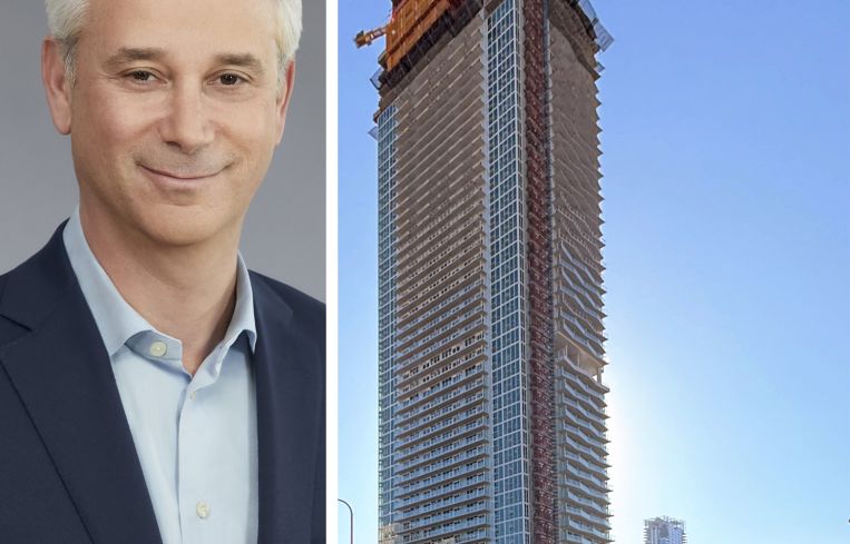 Wells Fargo CEO and President Charles Scharf and construction at Olympic and Hill, Los Angeles.