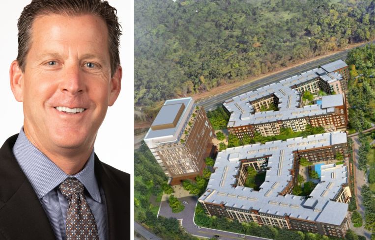 JK Moving Services Founder and CEO Chuck Kuhn and a rendering of Waterside at Innovation Station.