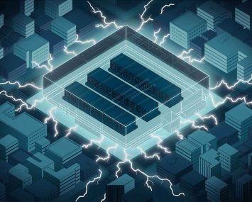 Illustration of a data center pulling electricity from surrounding buildings.