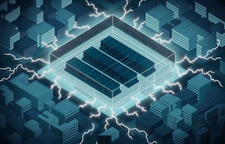Illustration of a data center pulling electricity from surrounding buildings.