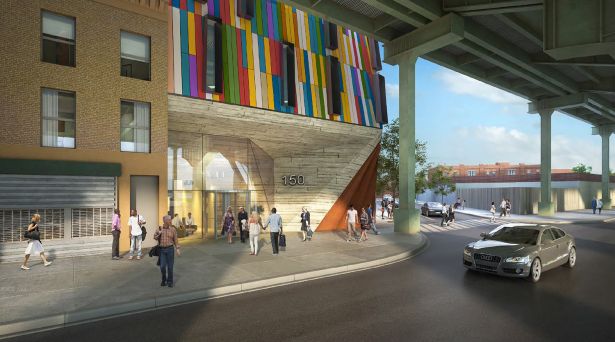 A rendering of the street level view of a proposed building at 150 Mill Street in Brooklyn.