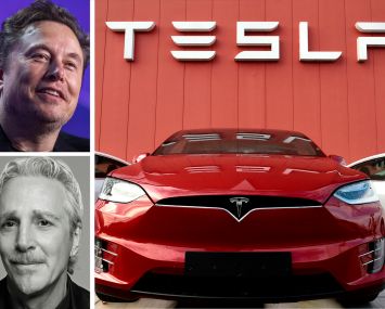 Tesla co-founder and CEO Elon Musk, Wildflower Managing Partner Adam Gordon, and a Tesla showroom.