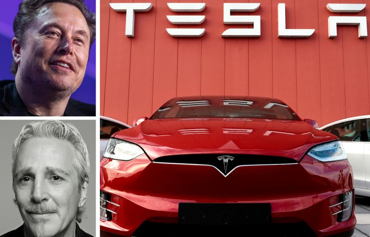 Tesla co-founder and CEO Elon Musk, Wildflower Managing Partner Adam Gordon, and a Tesla showroom.