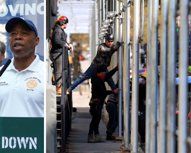 Mayor Eric Adams. Construction workers repair scaffolding outside a building in Brooklyn.