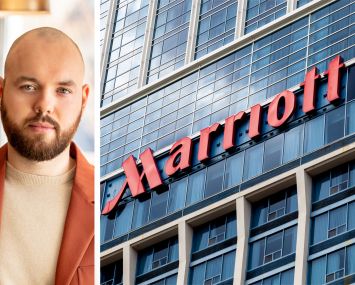 Francis Davidson, co-founder and CEO of Sonder, and a Marriott hotel sign.