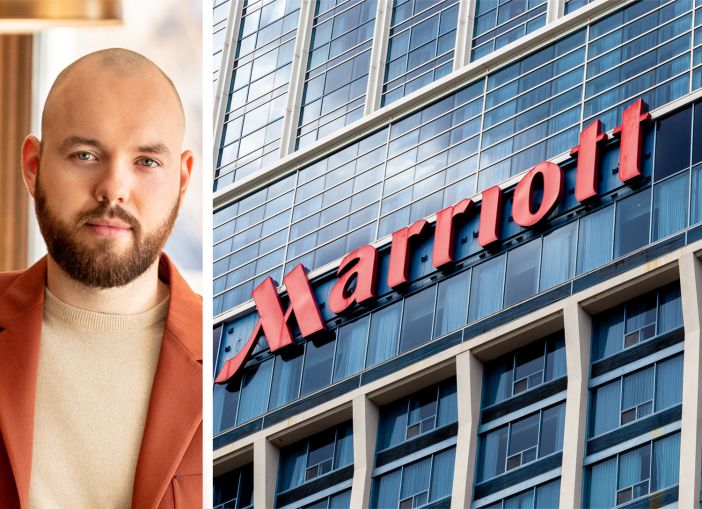 Francis Davidson, co-founder and CEO of Sonder, and a Marriott hotel sign.