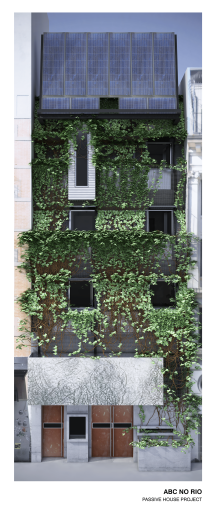 A narrow four-story building covered in ivy and other plants.