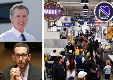 California Gov. Gavin Newsom, California State Sen. Scott Wiener, and Grand Central Market in Los Angeles.