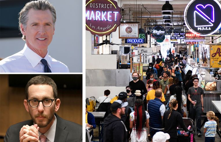 California Gov. Gavin Newsom, California State Sen. Scott Wiener, and Grand Central Market in Los Angeles.