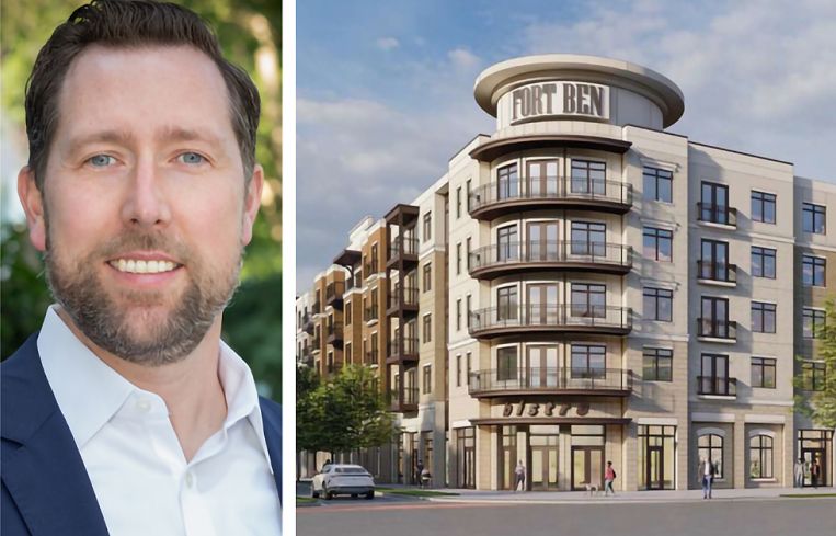 Gregory Koenig, senior vice president CRE Credit at Peachtree Group and a rendering of The Benjamin, Lawrence, Ind.
