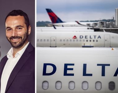 Industrious CEO Jamie Hodari and Delta Airlines airplanes parked at a terminal.