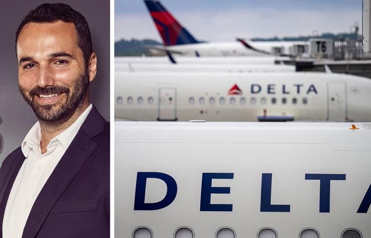 Industrious CEO Jamie Hodari and Delta Airlines airplanes parked at a terminal.