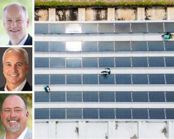 Legence CEO Jeff Sprau, AMA Group CEO Arthur Metzler, CMTA CEO Jimmy Benson, and workers install solar panels on a rooftop.