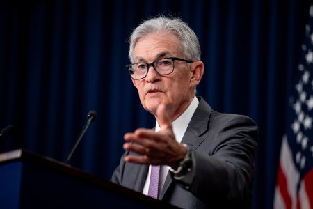 Federal Reserve Chairman Jerome Powell speaks at a news conference.