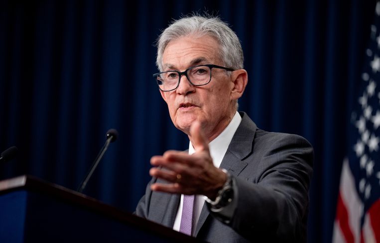 Federal Reserve Chairman Jerome Powell speaks at a news conference.