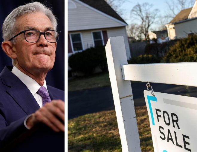 Federal Reserve Chariman Jerome Powell and a for sale sign in front of a home.