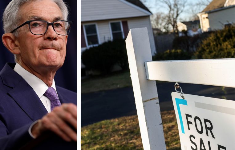 Federal Reserve Chariman Jerome Powell and a for sale sign in front of a home.