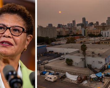 Los Angeles Mayor Karen Bass and Skid Row in Los Angeles.