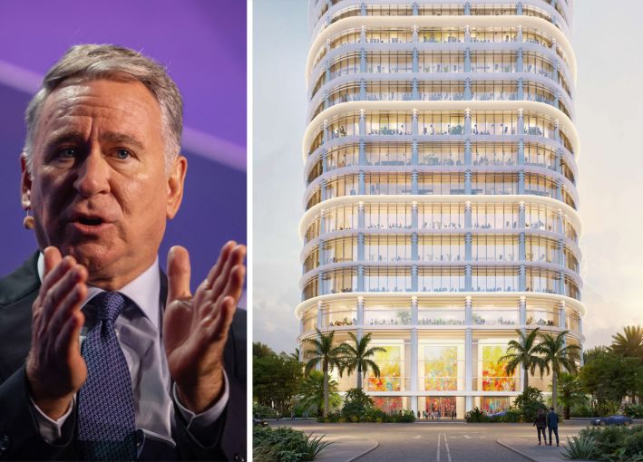 Ken Griffin, founder and CEO of Citadel, and a rendering of 1201 Brickell Bay Drive.