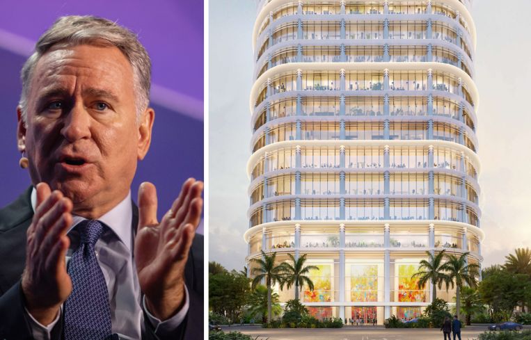 Ken Griffin, founder and CEO of Citadel, and a rendering of 1201 Brickell Bay Drive.