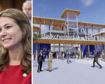 New York City Councilmember Kristy Marmorato and a rendering of the proposed Parkchester/Van Nest Metro-North Station.
