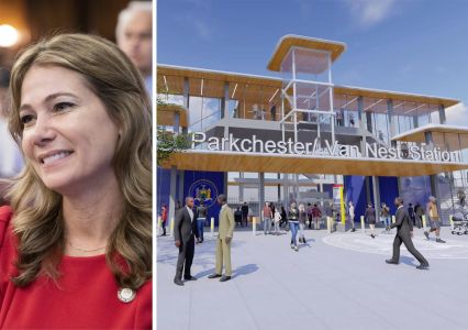 New York City Councilmember Kristy Marmorato and a rendering of the proposed Parkchester/Van Nest Metro-North Station.