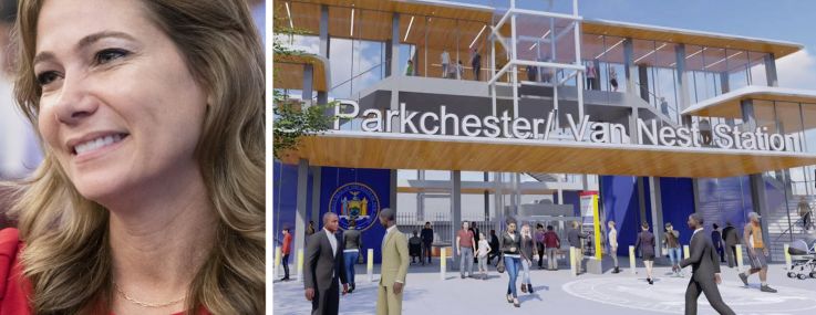 New York City Councilmember Kristy Marmorato and a rendering of the proposed Parkchester/Van Nest Metro-North Station.