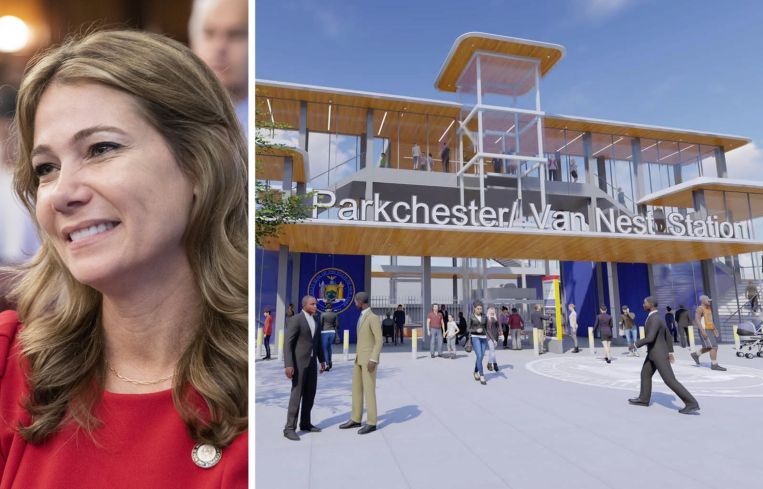 New York City Councilmember Kristy Marmorato and a rendering of the proposed Parkchester/Van Nest Metro-North Station.