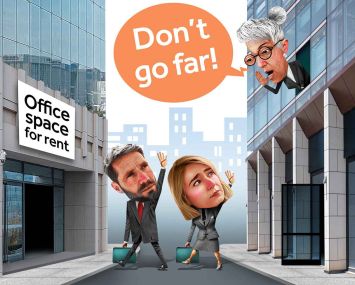 A cartoon character leaning out of a window and shouting at two other cartoon characters on the street "Don't go far!"