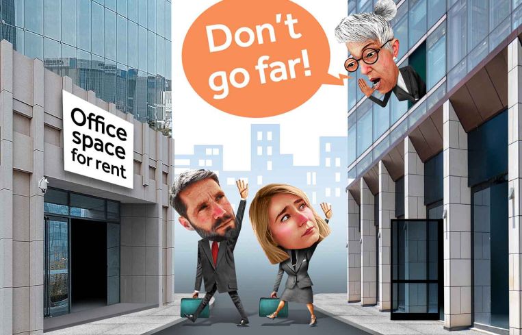 A cartoon character leaning out of a window and shouting at two other cartoon characters on the street "Don't go far!"