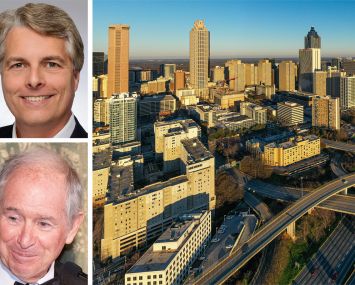 Equity CEO Mark Parrell, Blackstone CEO Stepehn Schwarzman and the Atlanta skyline.