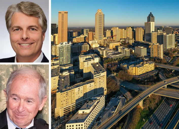 Equity CEO Mark Parrell, Blackstone CEO Stepehn Schwarzman and the Atlanta skyline.