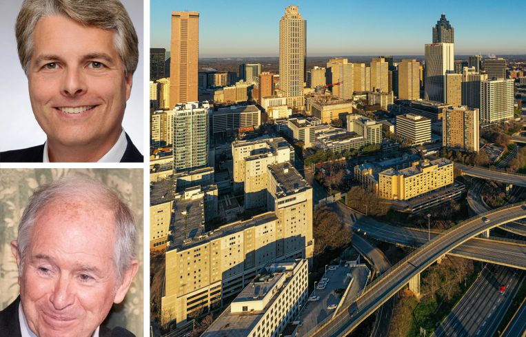 Equity CEO Mark Parrell, Blackstone CEO Stepehn Schwarzman and the Atlanta skyline.