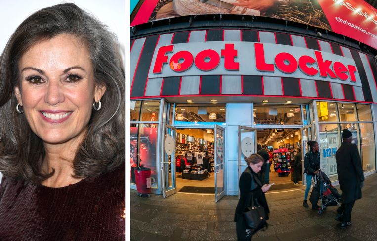 Mary Dillon, CEO of Foot Locker, and a Foot Locker store in Times Square.