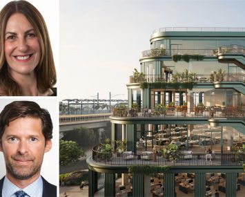 Meg Spriggs, managing director development, Americas, Ryan Burton, development director and senior vice president, of Lendlease, and a rendering of Habitat.