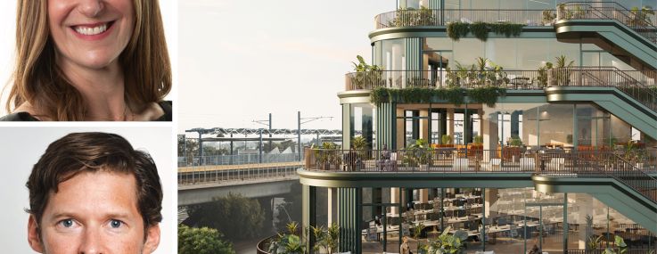 Meg Spriggs, managing director development, Americas, Ryan Burton, development director and senior vice president, of Lendlease, and a rendering of Habitat.