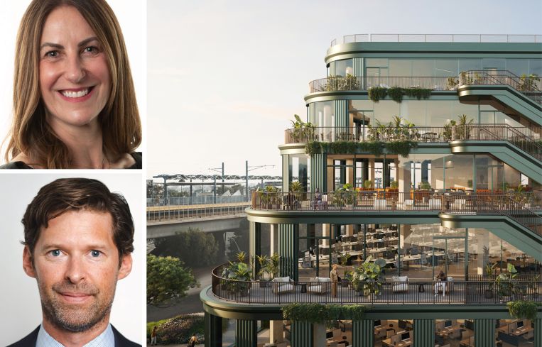 Meg Spriggs, managing director development, Americas, Ryan Burton, development director and senior vice president, of Lendlease, and a rendering of Habitat.