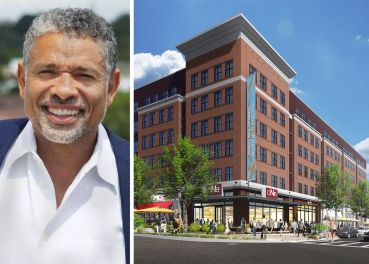 Neighborhood Development Company CEO Adrian Washington and a rendering of the project at 3200 Rhode Island Avenue NE, in Mount Rainier, Md.