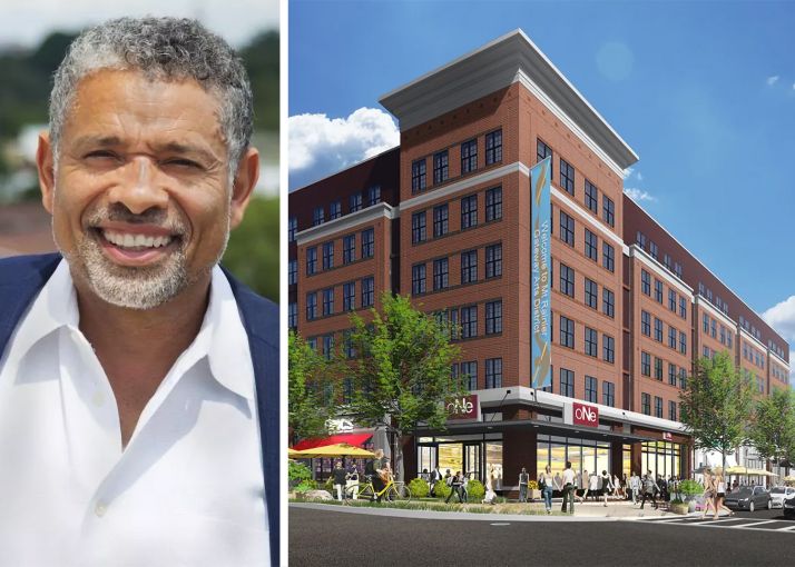 Neighborhood Development Company CEO Adrian Washington and a rendering of the project at 3200 Rhode Island Avenue NE, in Mount Rainier, Md.