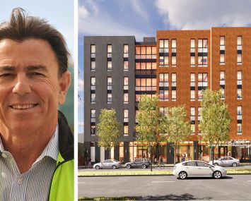 Panoramic Interests Owner Patrick Kennedy and a rendering of The Northside, a 73-unit student housing development near UC Berkeley.