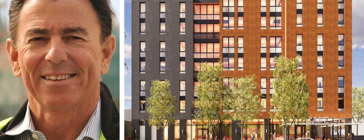 Panoramic Interests Owner Patrick Kennedy and a rendering of The Northside, a 73-unit student housing development near UC Berkeley.